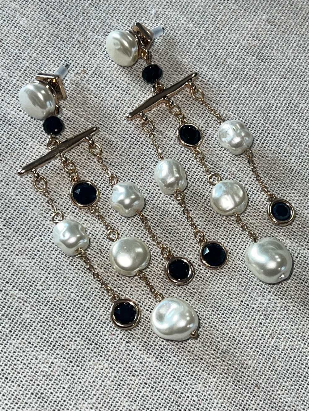 WHBM Gold Drop Earrings Faux Pearl and Black Crystal Accents